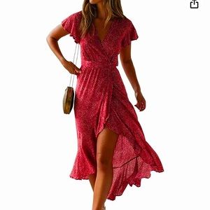Bohemian Floral Printed Wrap V Neck Short Sleeve Split Beach Party Maxi Dress